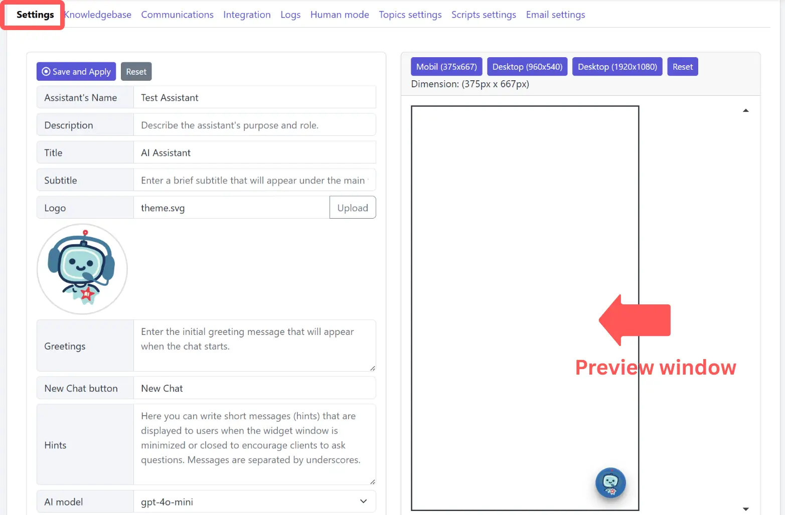 SmartiePal settings section with live preview window