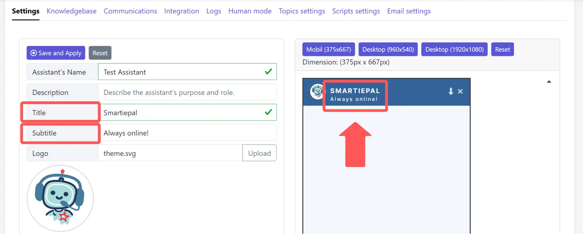 Assistant name and subtitle customization fields