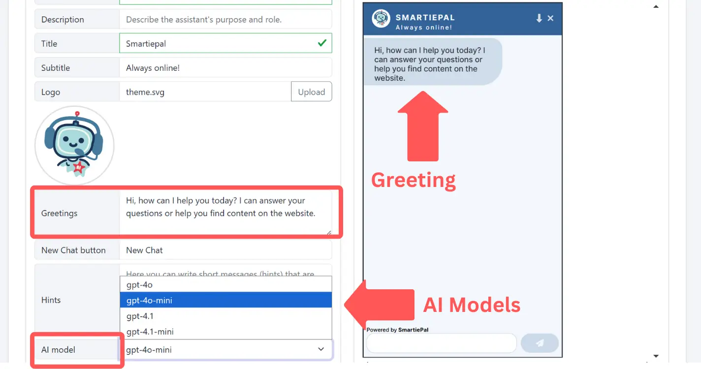 Initial greeting customization and GPT model selection