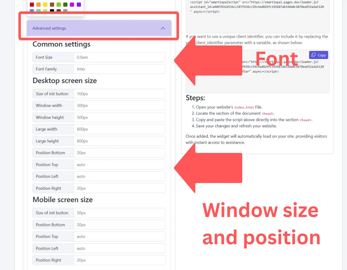 Advanced settings panel for text size and positioning