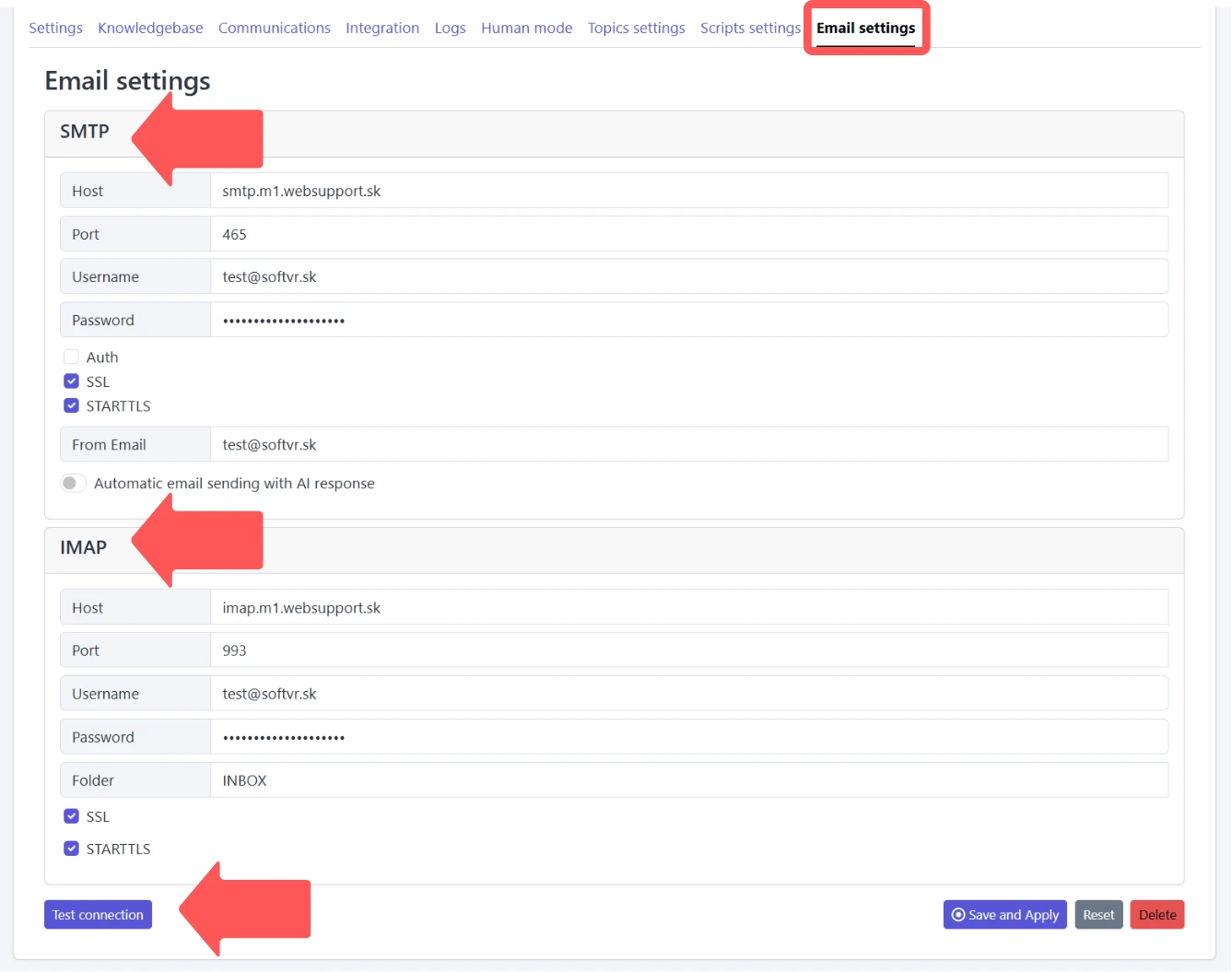 SMTP and IMAP configuration as well as testing email connection