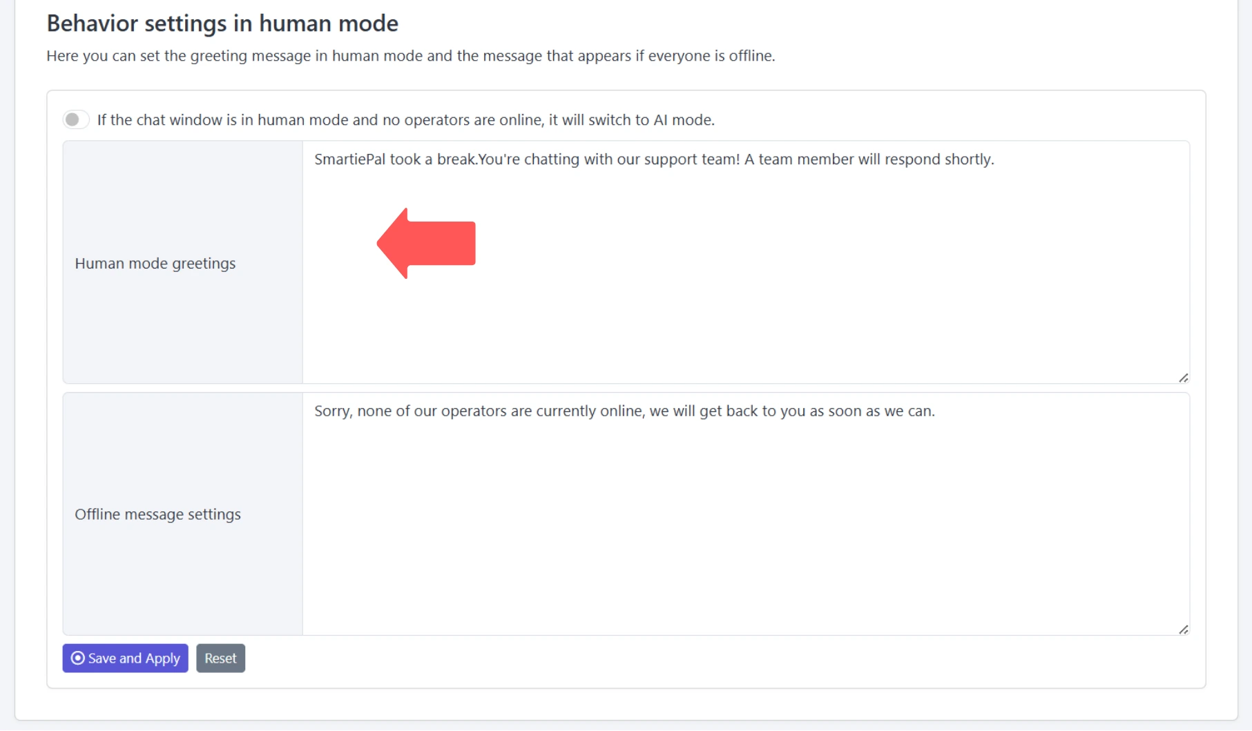 Human mode greeting configuration