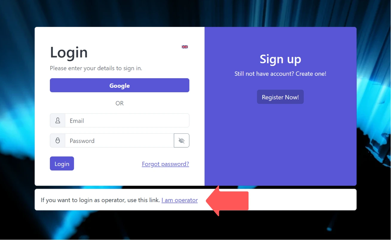 Operator dashboard login screen