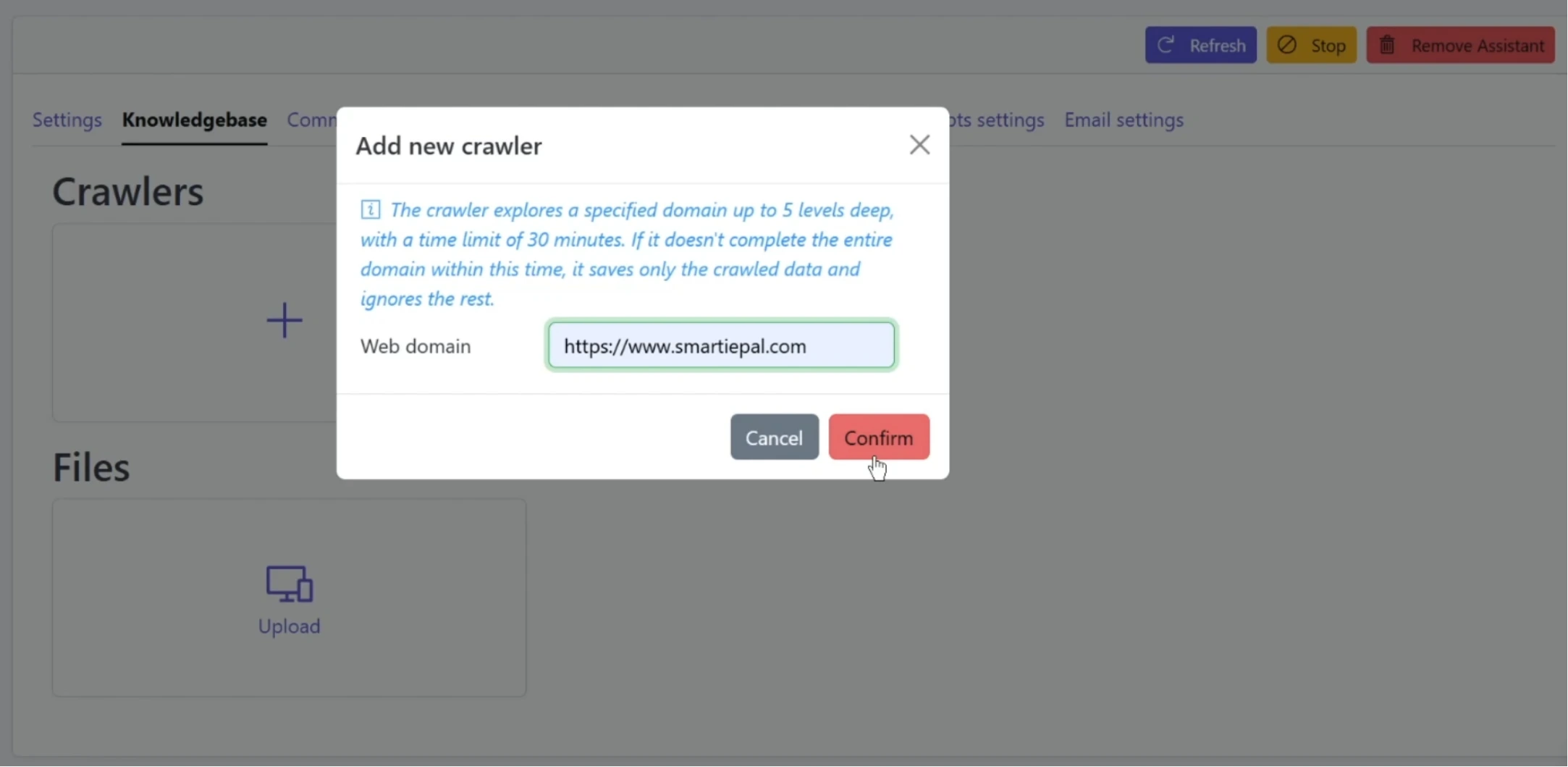 Dialog showing web domain input for new crawler