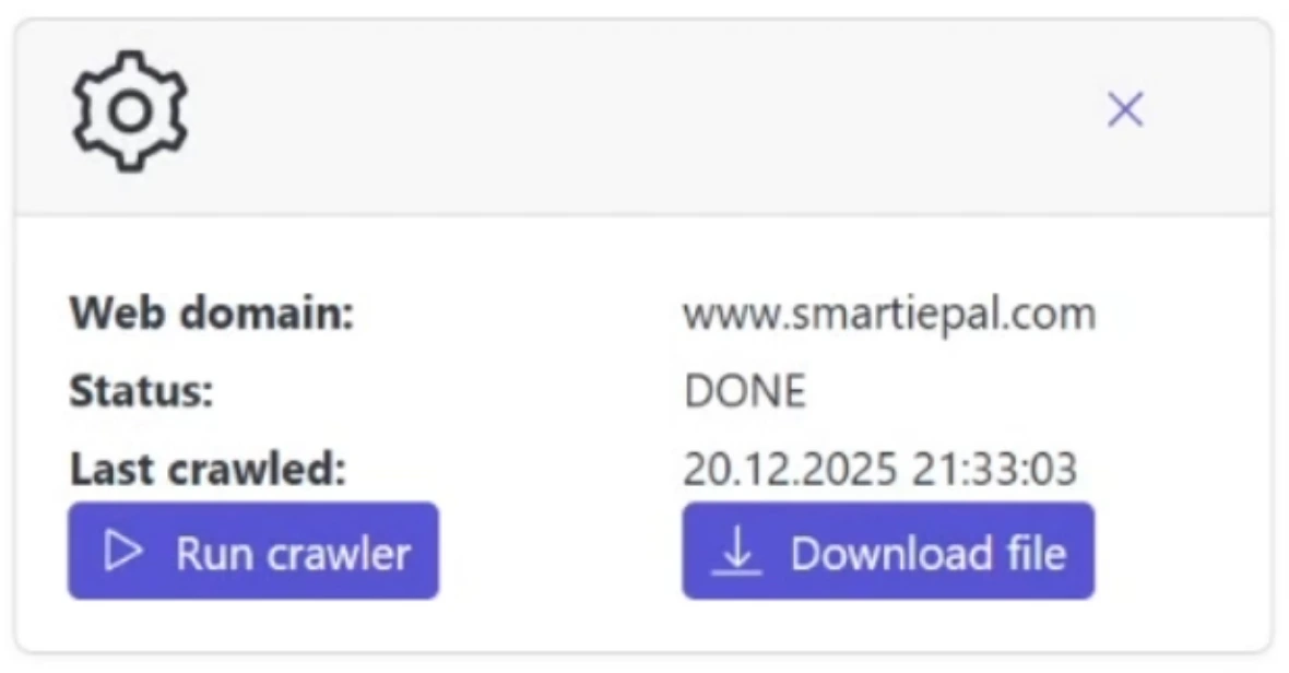 Crawler showing completed status with download option and file contents