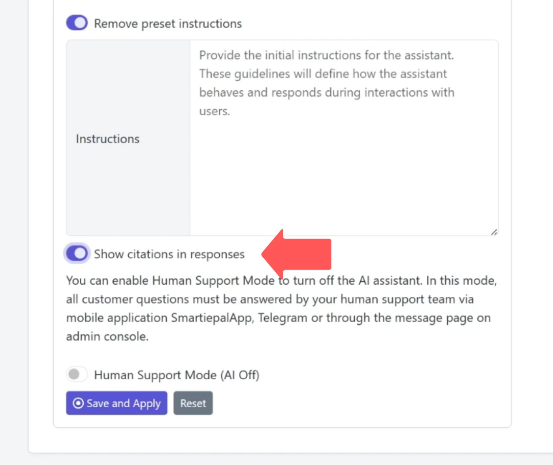 Settings showing citation toggle enabled