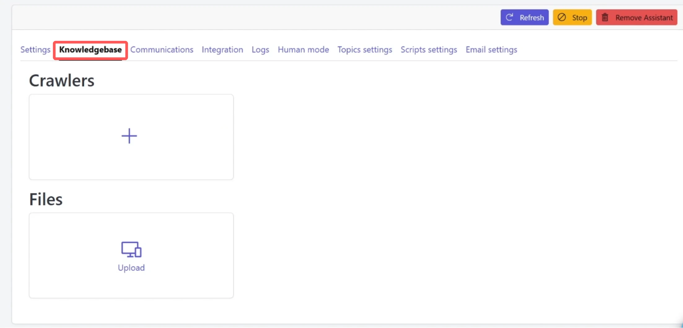 Knowledge Base interface showing Crawlers and Files sections