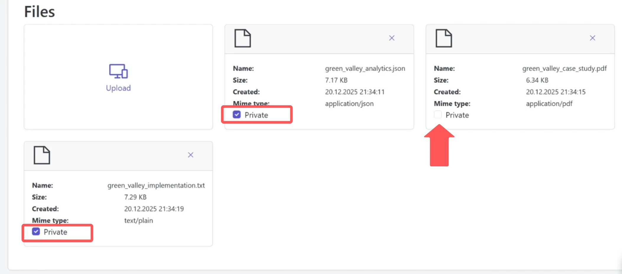 File cards showing Private checkbox configuration