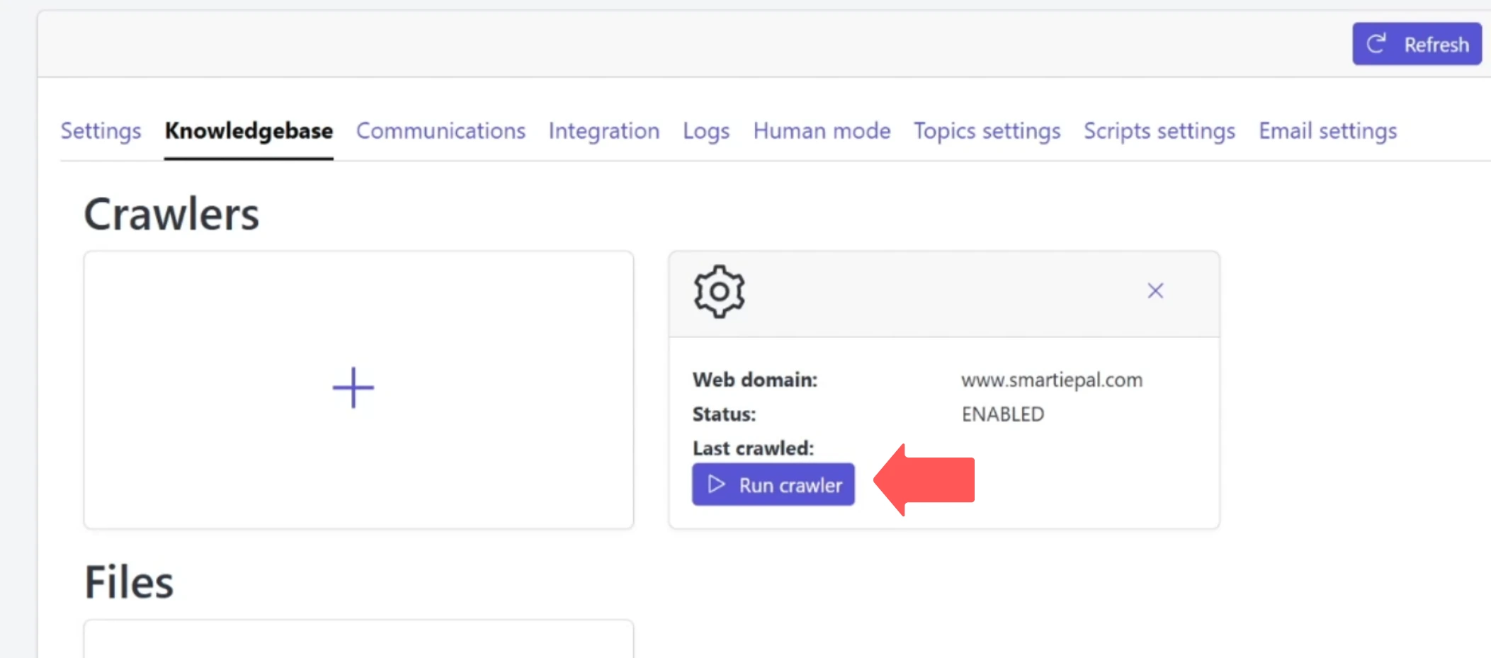 Crawler card showing enabled status with run button
