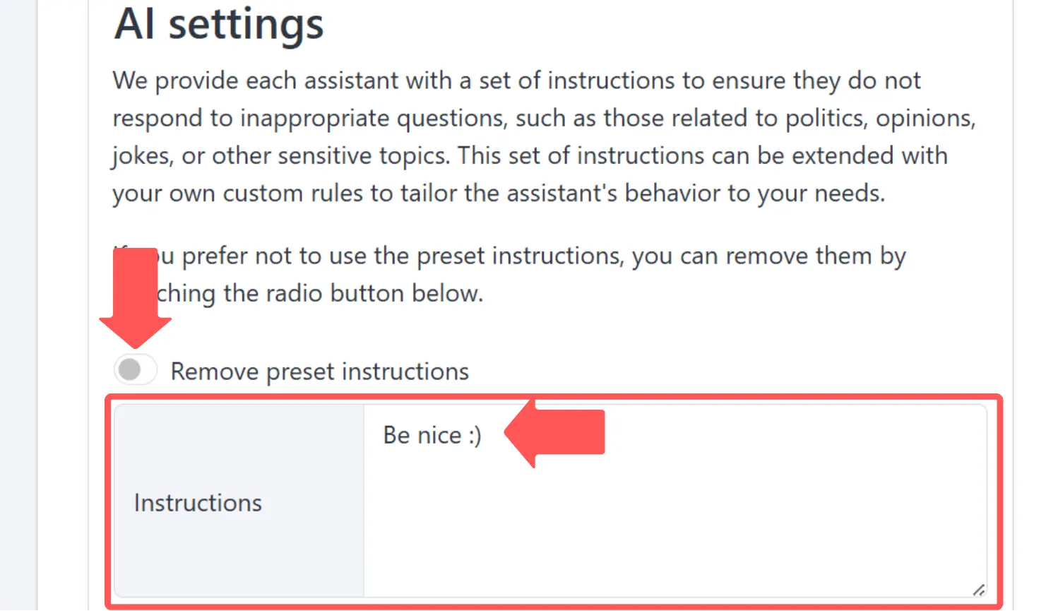 Adding custom instructions to AI settings
