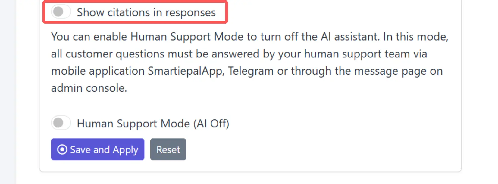 Show citations in responses toggle