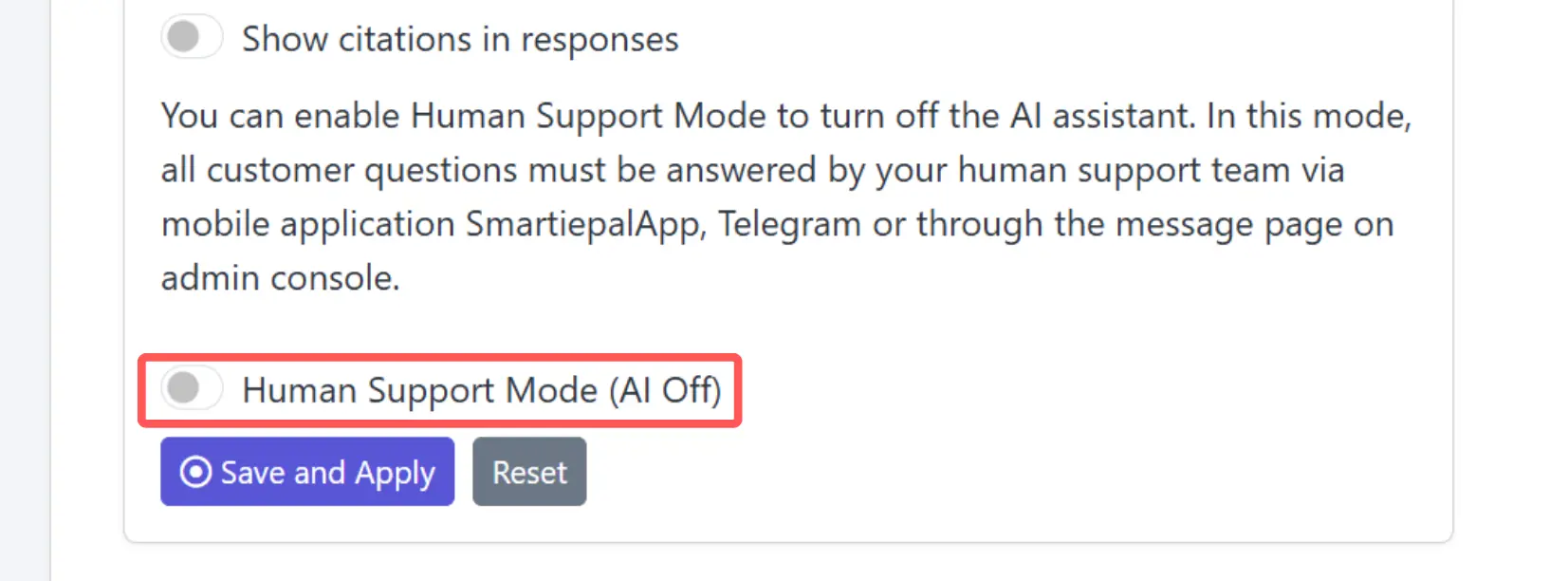 Human support mode configuration