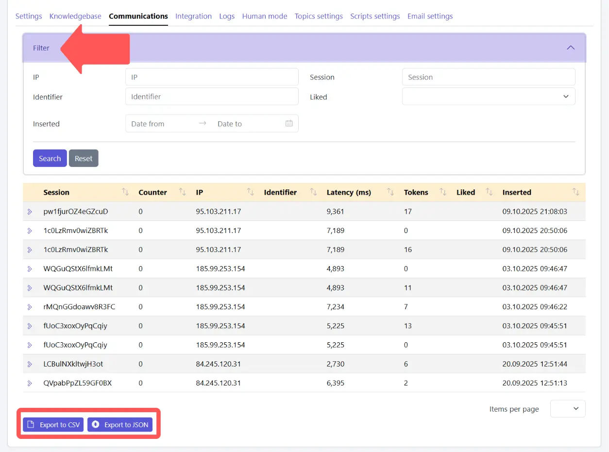 Communications filter and export options