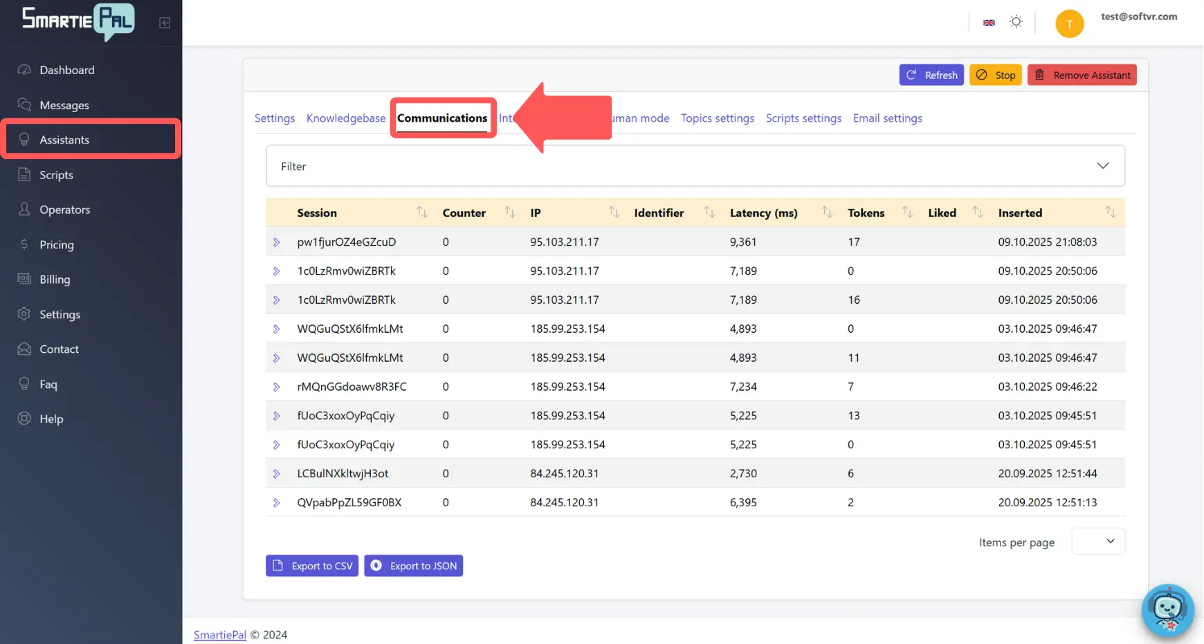 Communications tab with conversation history