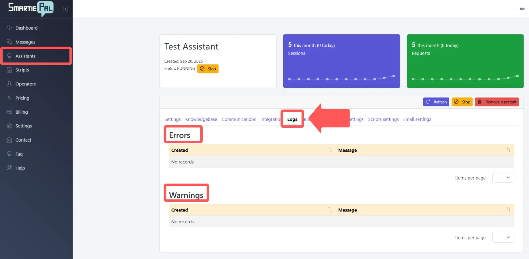 Logs tab with errors and warnings