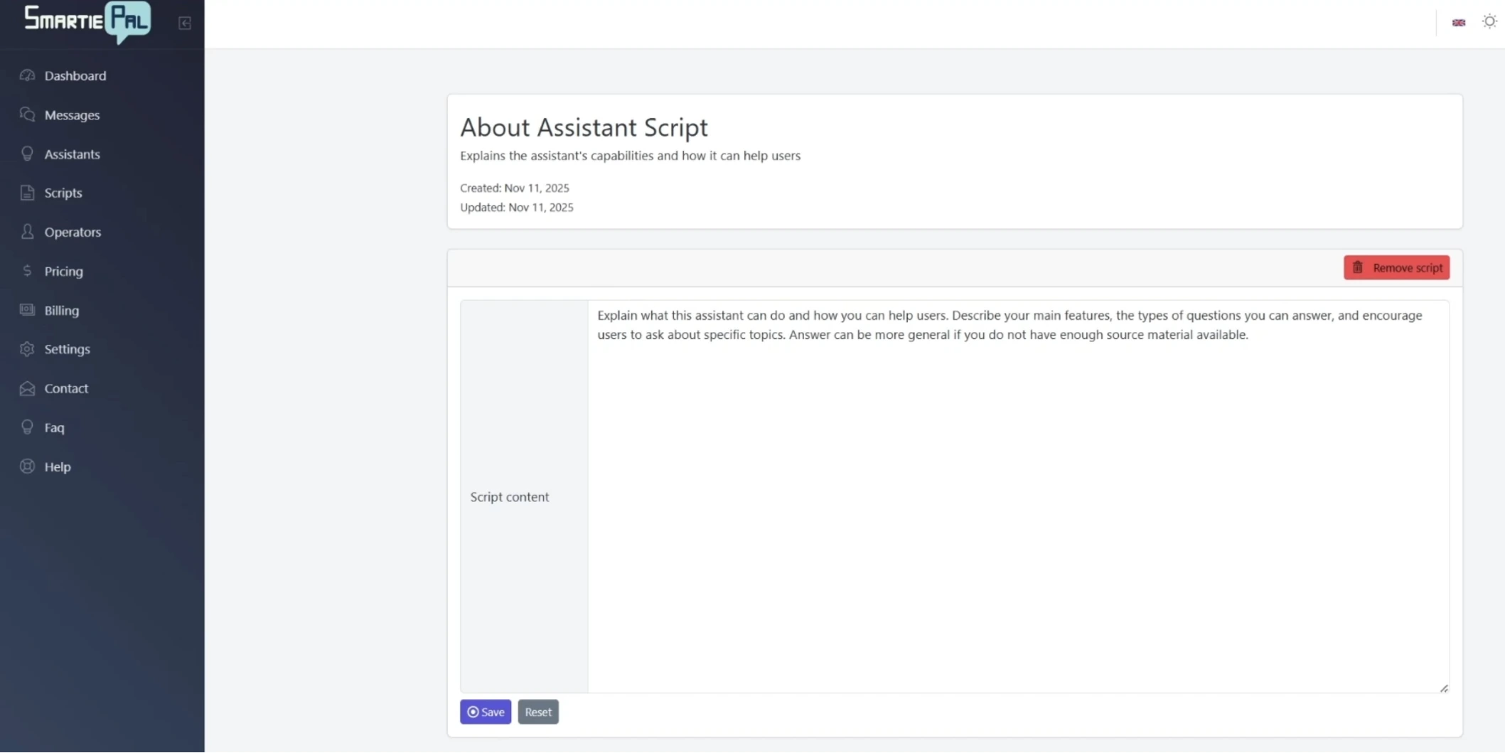 Script detail view showing all fields
