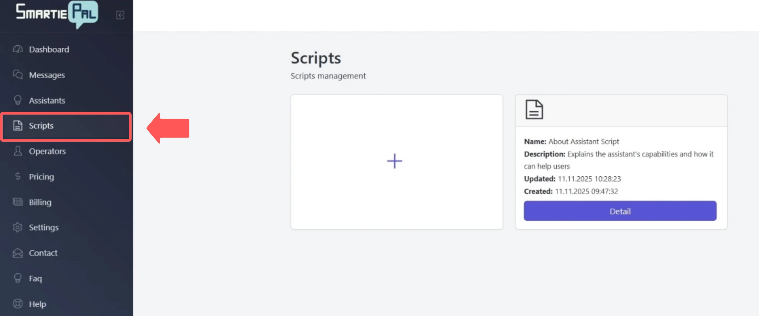 Scripts page showing existing scripts in card format