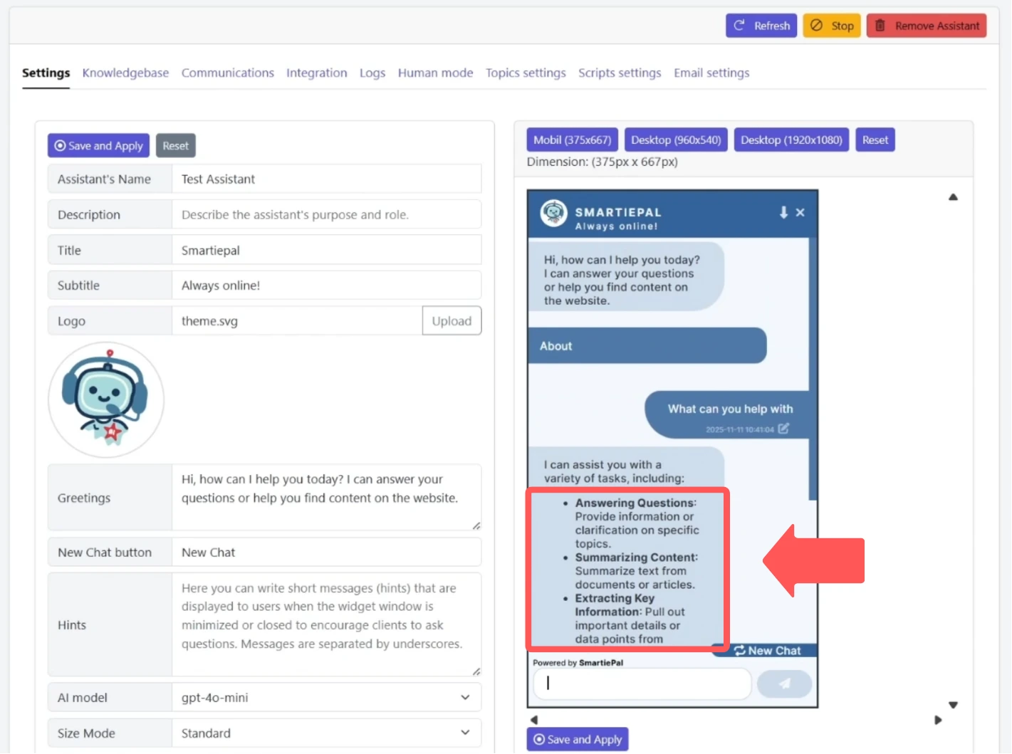 Assistant response showing structured bullet point format